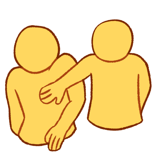 A drawing of two emoji yellow people. One of them is reaching across the other's arm to touch their chest. The person being touched has their shoulders raised uncomfortably. 